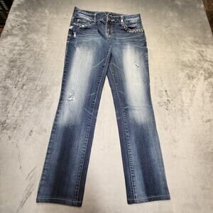 Guess Jeans‎ Womens 29 Blue Wash Low Rise Straight Rhinestone Stretch Denim